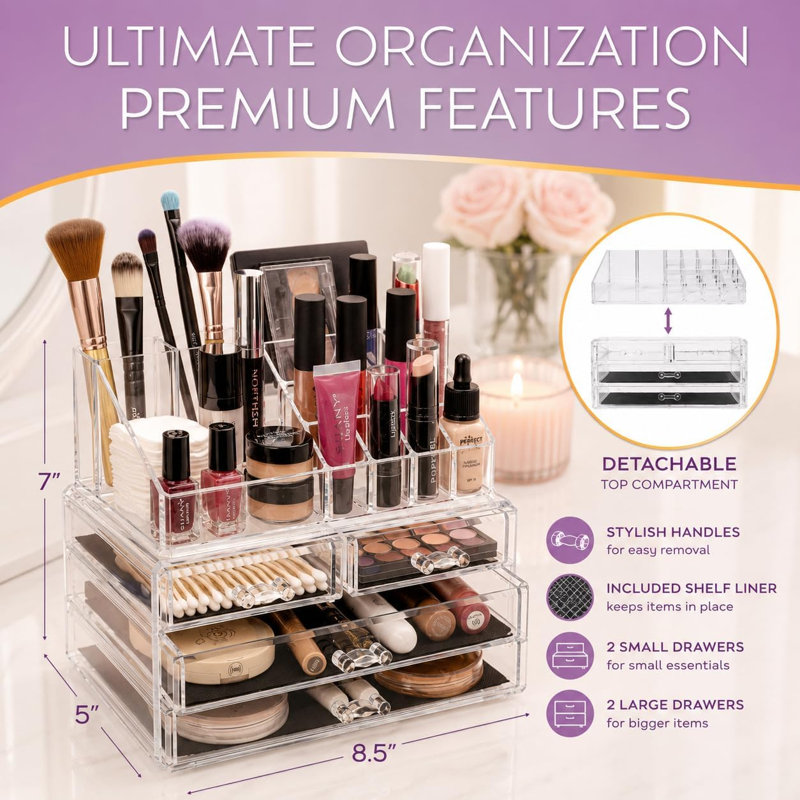 Organisateur de maquillage de comptoir, vitrine à cosmétiques, rangement de maquillage en acrylique pour coiffeuse, organisateur de maquillage transparent pour coiffeuse, porte-accessoires avec tiroirs