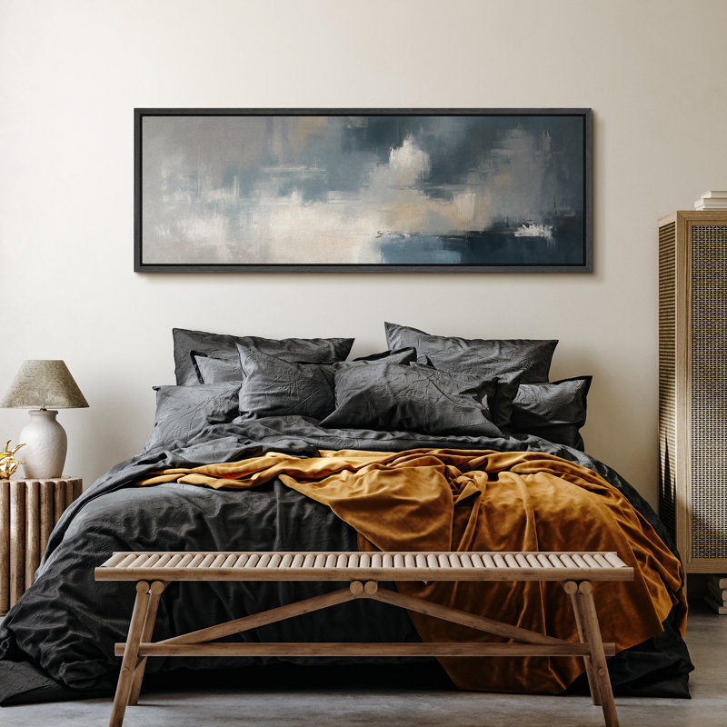 Blue and Grey Abstract Landscape Large Framed Canvas Print Wall Art for Modern Decor, 20" H x 60" W, Black
