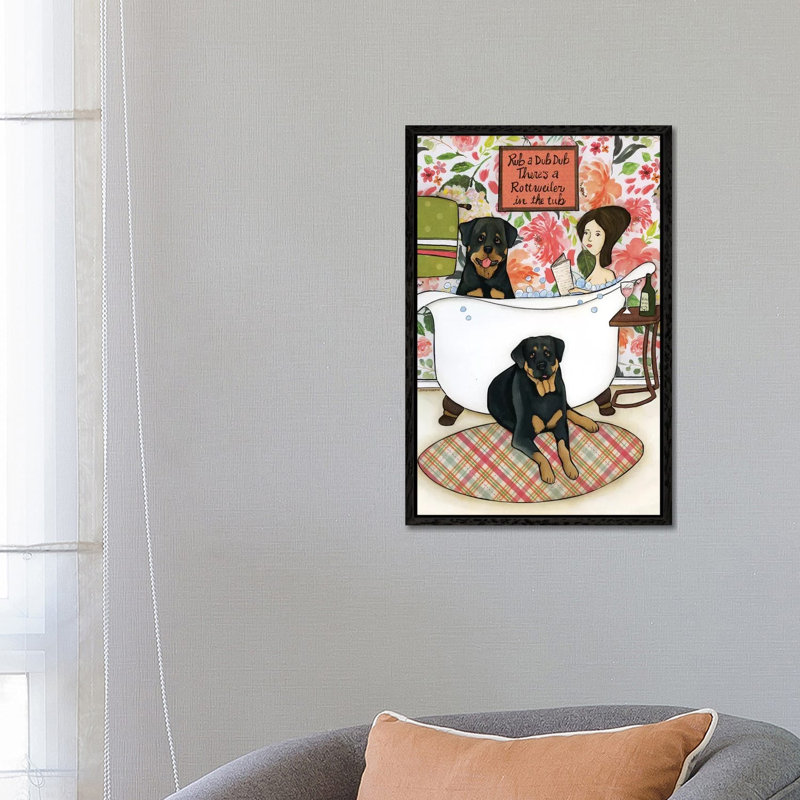 Rottweiler In The Tub by Jamie Morath - Print on Canvas, 66.04cm H x 45.72cm W x 3.81cm D, Black Floater Framed