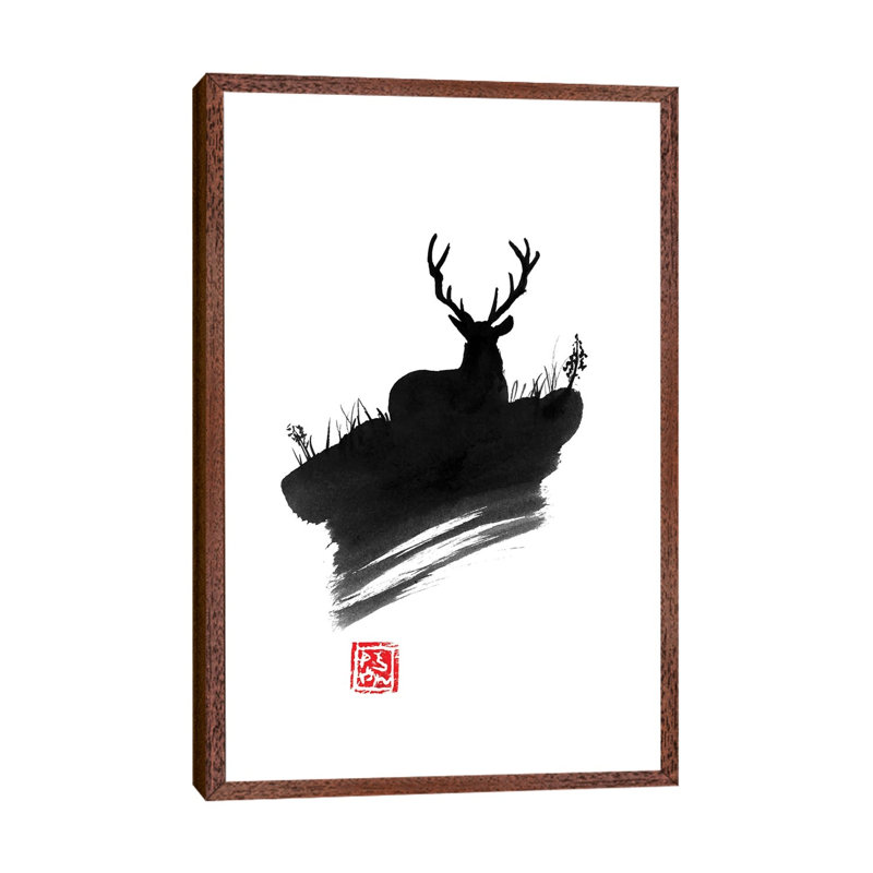 Deer by Péchane - Print on Canvas, 66.04 cm H x 45.72 cm W, Classic Brown Wood Framed