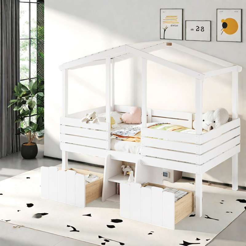 Lits avec rangement, lit mezzanine en bois aggloméré simple, style maison de campagne pour chambre d'enfant