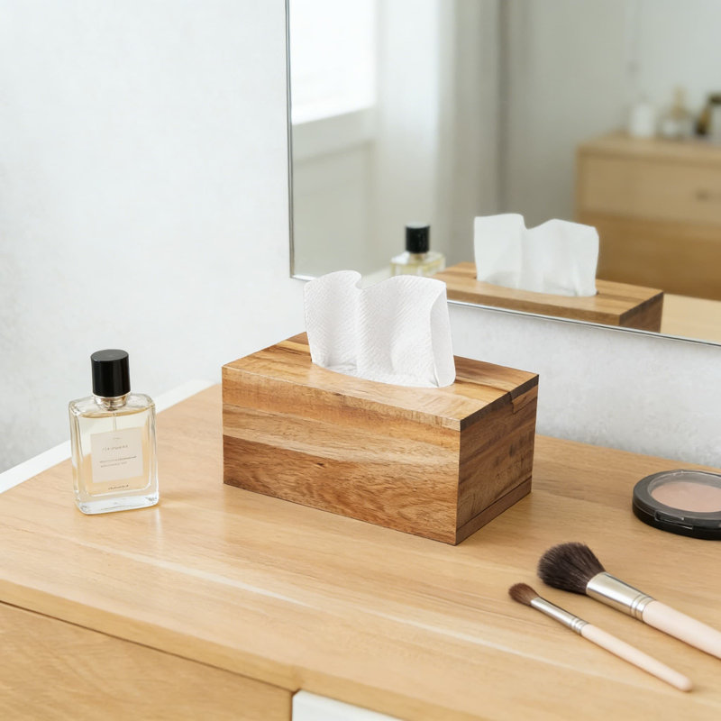 Acacia Wood Rectangular Tissue Box Cover Holder For Standard 120-160 Count Boxes, Decorative Tabletop Organizer For Bathroom, Office, Nightstand