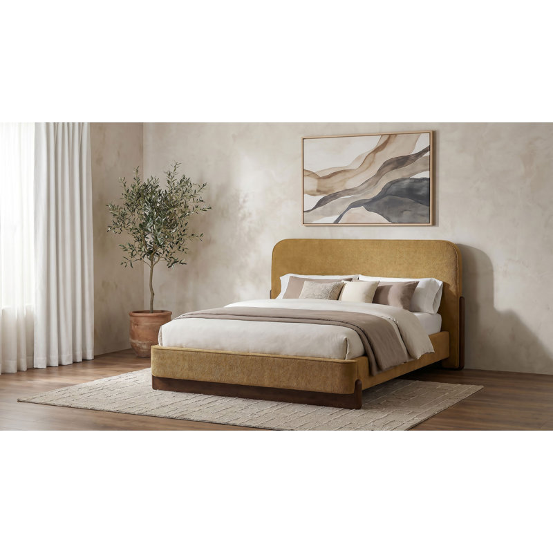 Lit plateforme tapissier grand Palmea Curry et noyer, Queen
