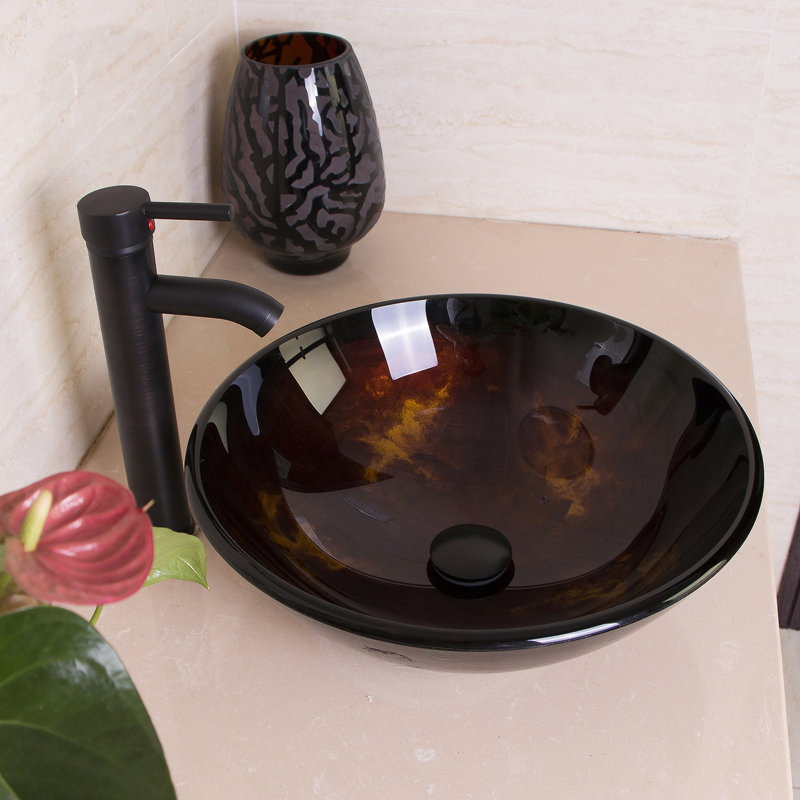 Wonline 16.34'' Tempered Glass Circular Bathroom Sink with Faucet, Brown/Amber