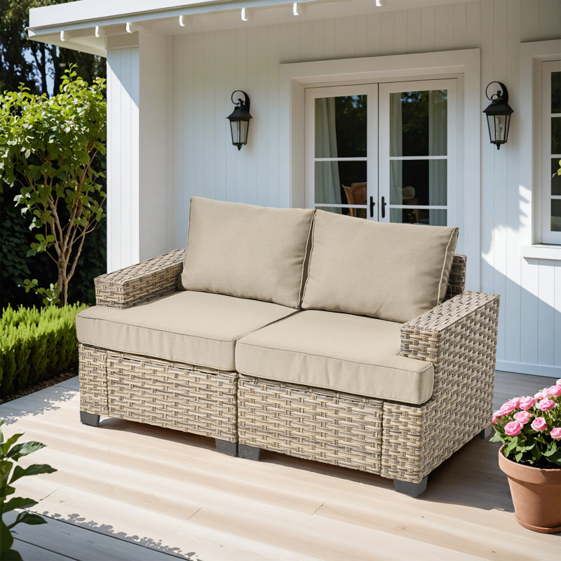 Wahkon Outdoor Patio Sofa Wicker Modular Sectional Set With Cushions, Beige