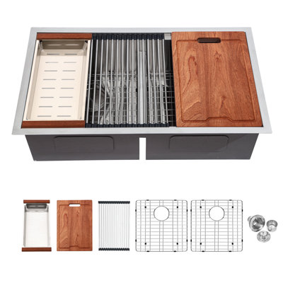 Évier de cuisine encastrable 36 po x l 19 po en acier inoxydable 36 po, double cuve 60/40 avec crépine, planche à découper, passoire, grille de séchage à enroulement et grilles d'évier