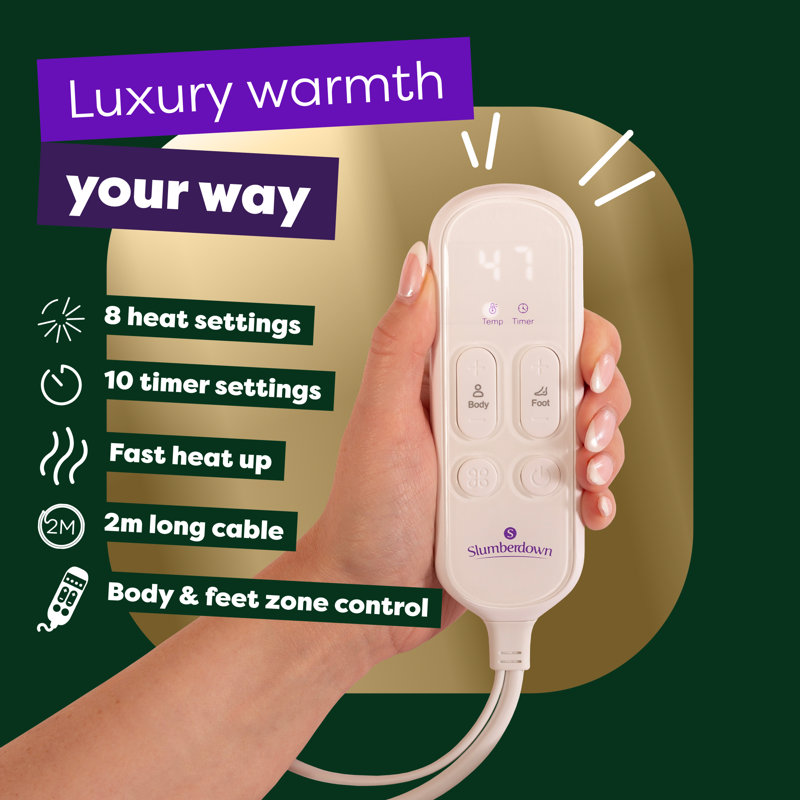 Slumberdown Wonderfully Warm Electric Blanket Control 9-Heat Settings Easy Fit Machine Washable, King