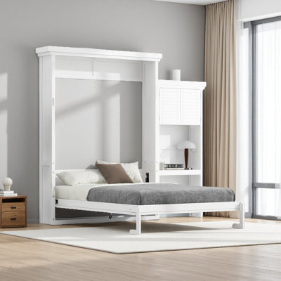 Queen Size Murphy Bed With Multiple Storage Shelves And Louvred Style Decoration