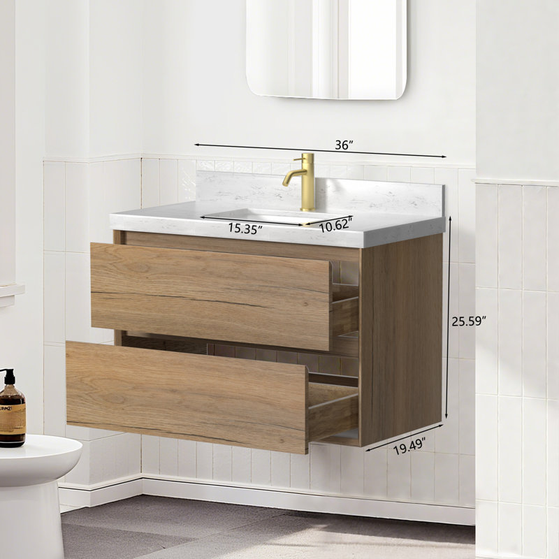 Meuble-lavabo flottant avec lavabo Tiberiu, Chêne naturel, 36"