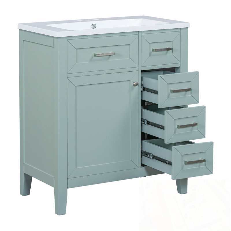 Bathroom Storage Cabinet With Sink, 3 Drawers And Door Shelf, Green/Nickel