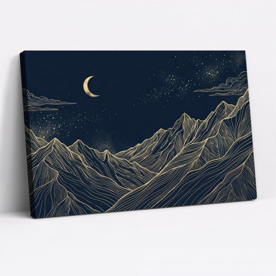 Toile murale représentant une chaîne de montagnes sous un croissant de lune, avec des lignes dorées