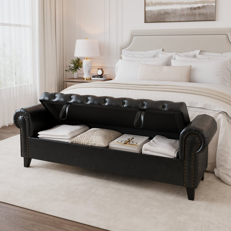 Banc de rangement 67 po en similicuir rembourré avec accoudoirs roulés, H 20 po x l 67 po x P 18,5 po, Black