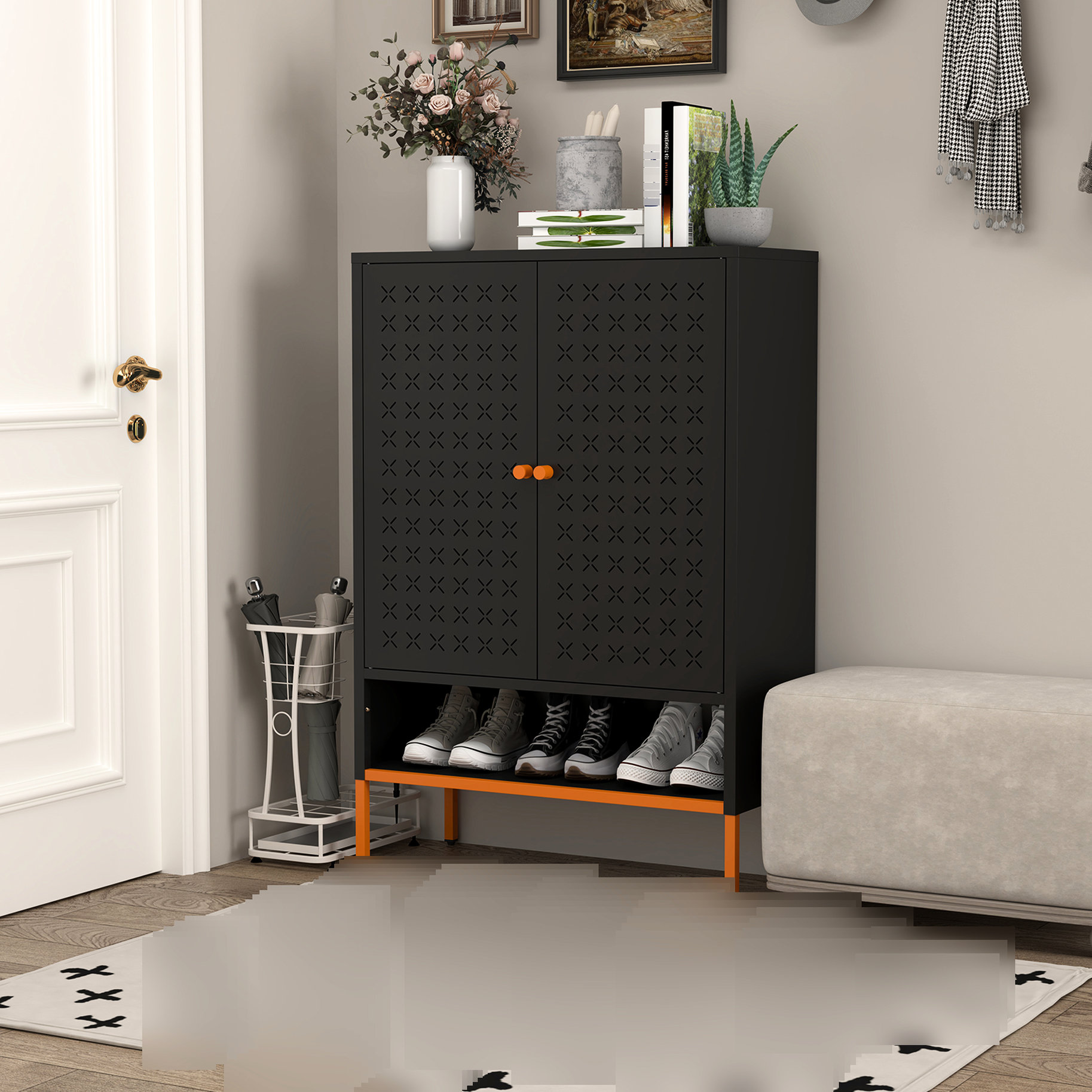 xingguangya White Metal Grid Double Door Shoe Storage Organizer Rack ...