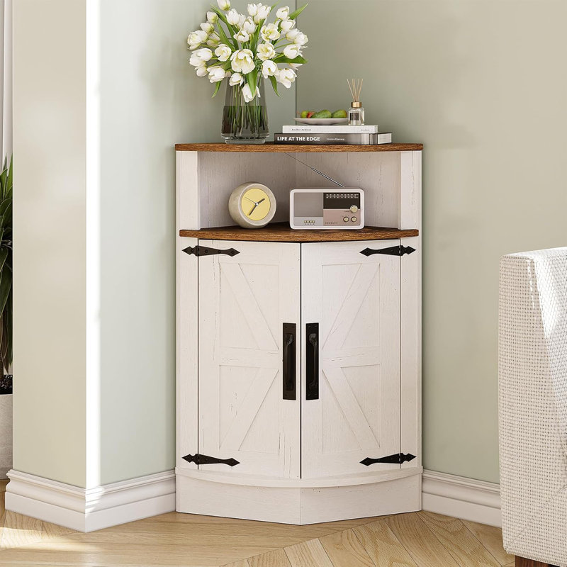 Farmhouse Small Floor Corner Cabinet with Barn Door and Adjustable Shelf.White