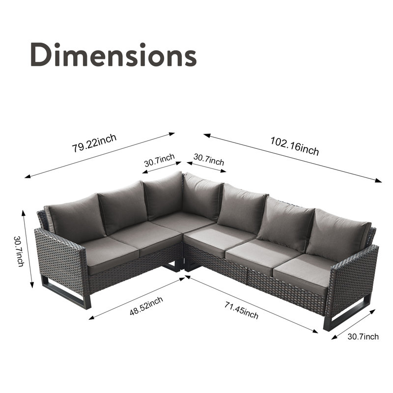 Nazime 105.1" Wide Outdoor Wicker Patio Sectional with Cushions, Gray, Brown