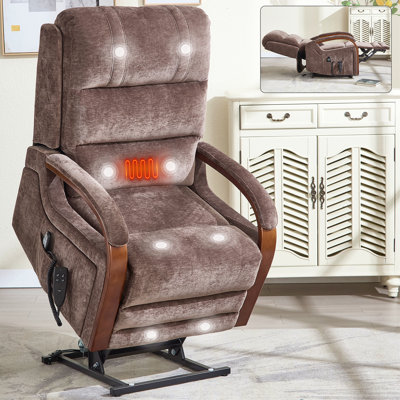 Power Chenille Lift Recliner Chair Dual Motor Infinite Position Up To 350 Lbs With Solid Wood Armrests, Heat Massage And Heavy Duty Motion Mechanism