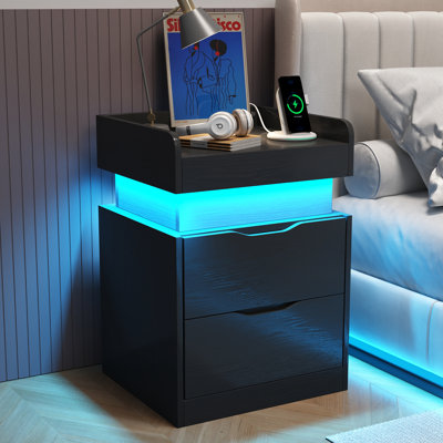 Nightstand With Charging Station, LED Light And 2 Drawers