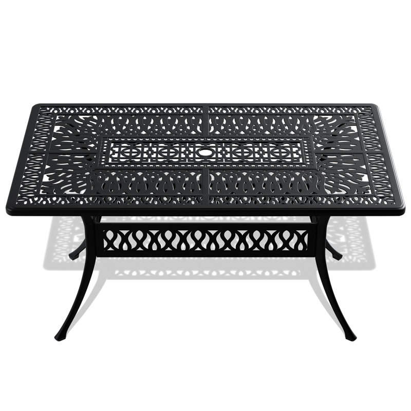 Table de patio en aluminium coulé avec cadre noir, 57,3 po x 33,99 po, ouverture de parasol, 6 tables d'extérieur de 57,3 po x 33,99 po avec structure, trou, espace pour 6 convives