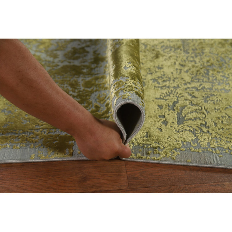 Tapis de salon traditionnel sculpté vert 6 x 9
