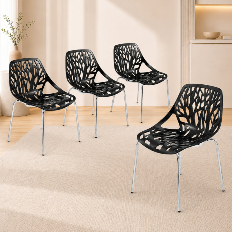 Chaise de salle à manger Hadda, chaise de cuisine moderne en polypropylène avec dossier ajouré inspiré d'un arbre, pieds en acier inoxydable, finition chromée, chaise d'appoint empilable pour salle à manger