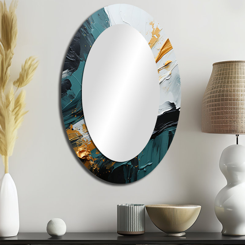 Gold And Green White Marble Waterfall VI - Large Oval Wall Mirror On Metal, 36" x 24"