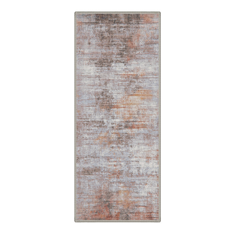 Arteo Abstract Machine Washable Brown / White / Orange Indoor Area Rug with Non-Slip Backing, Runner 2' x 7'
