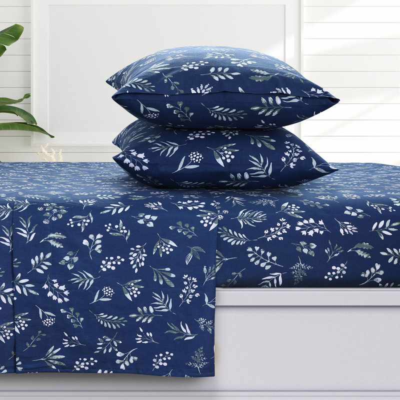 Twin XL Dark Blue Cotton Flannel Floral Sheet Set