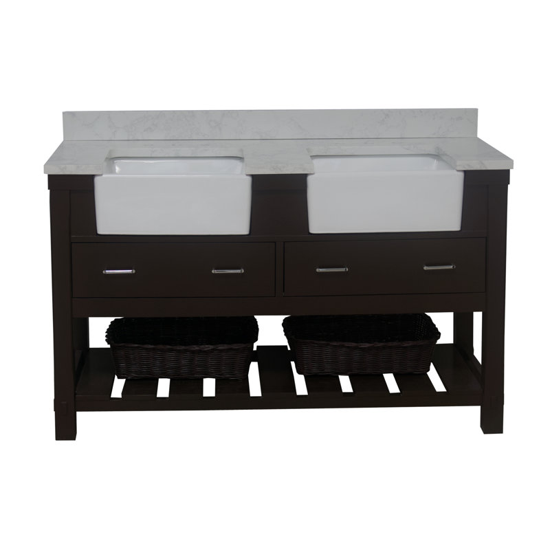 Ensemble de meuble-lavabo double 60 po Hitton, Chocolat, Carrara d'ingénierie