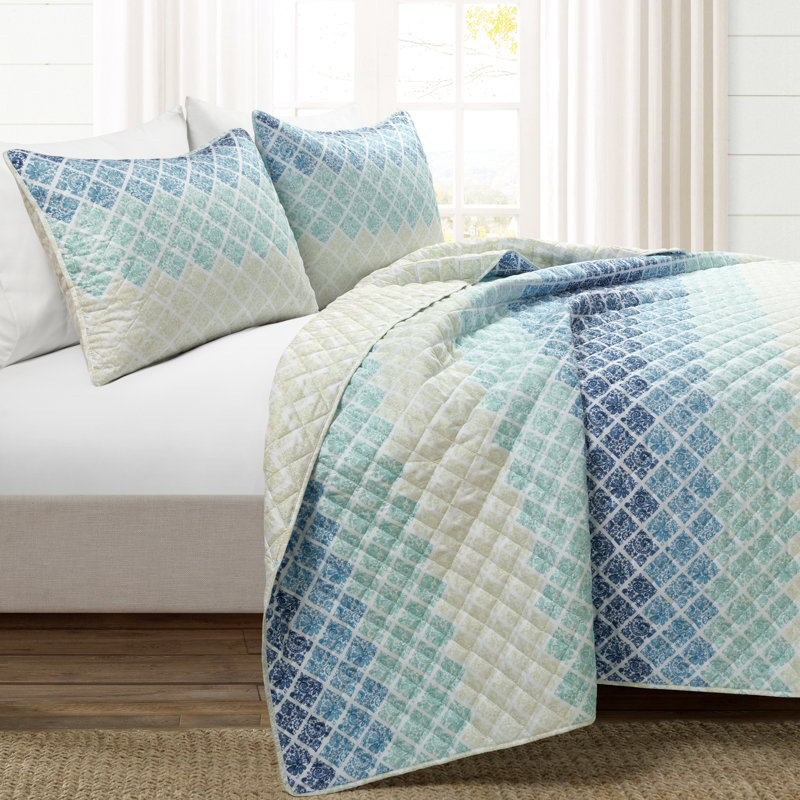 Ensemble de courtepointe réversible en microfibre jaune / gris 3 pièces Medallion, Grand, Bleu