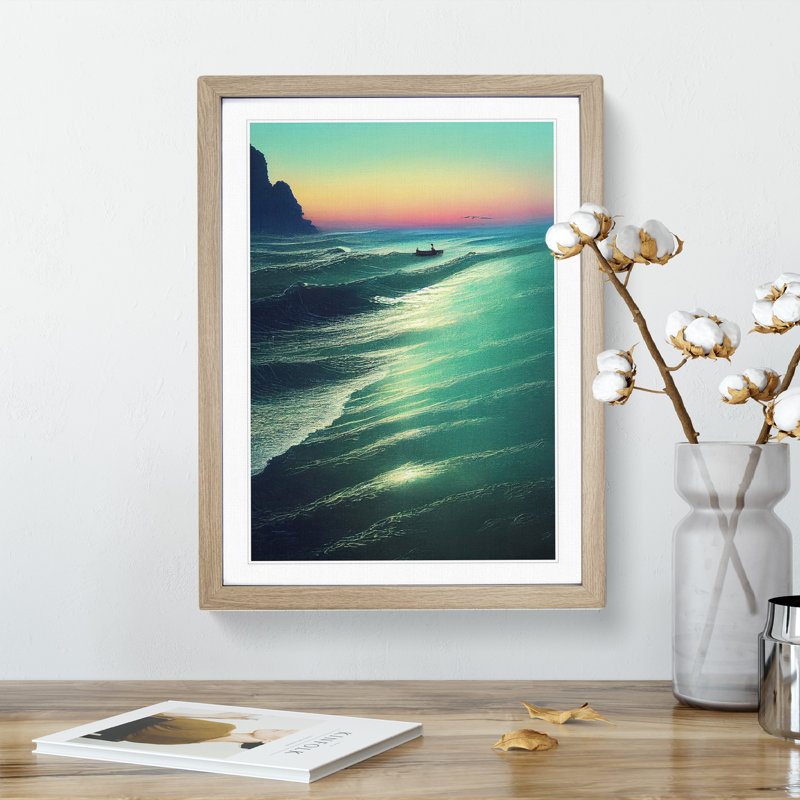 Boat By The Coast - Wall Art, 66cm H x 48cm W x 2cm D, Oak Framed, White
