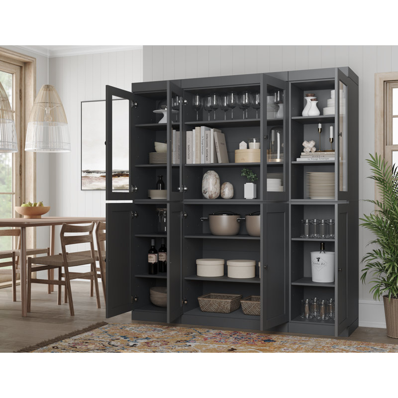 Vaisselier 100% bois massif 65 po avec verre transparent, portes Shaker et tablettes réglables, Gris