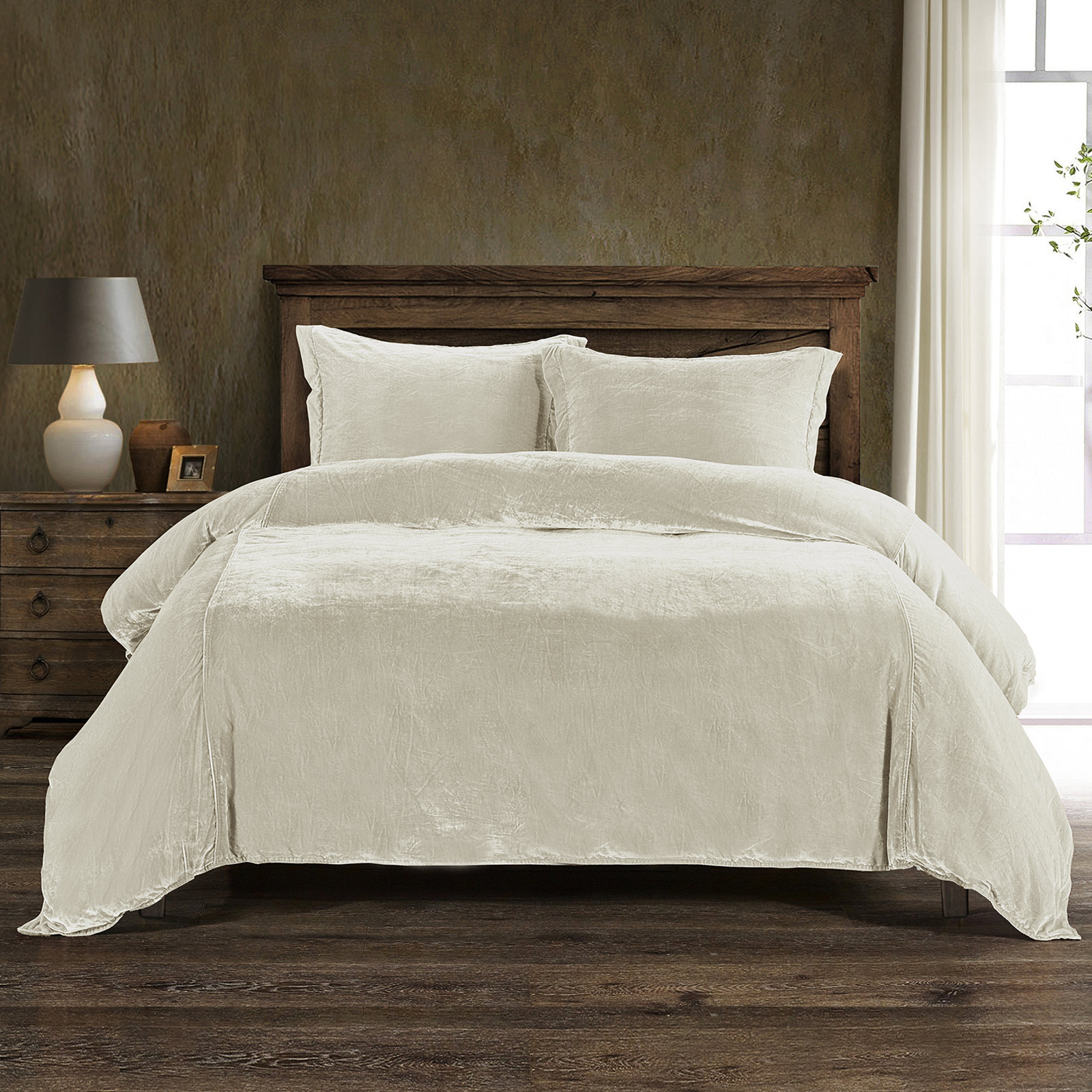 Stella Velvet Duvet Cover Set, King Duvet Cover + 2 King Shams, Stone