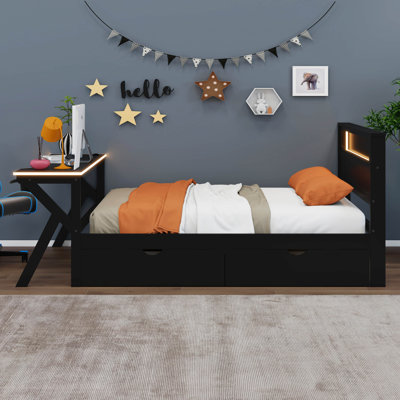 Lit plateforme double avec tête de lit à DEL et bureau à DEL, cadre de lit en bois massif avec tiroirs de rangement et port USB