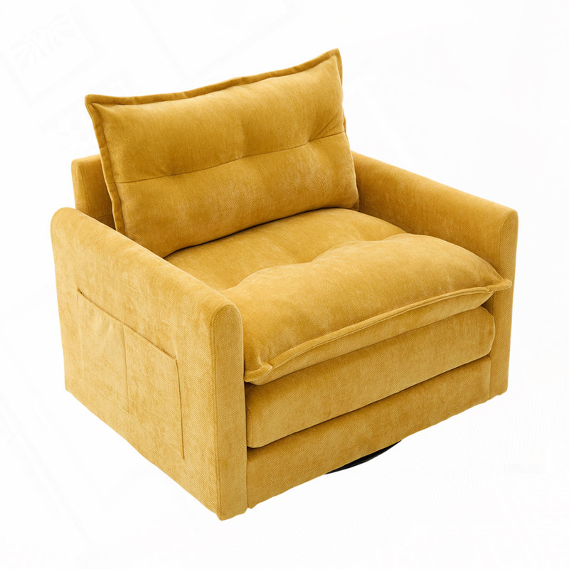36.3" Chenille Rotatable Upholstered Sofa Chair With Side Pockets, Yellow