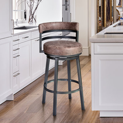 Deherrera Modern Swivel Counter or Bar Stool with Open Low Back and Footrest in Metal and Faux Leather