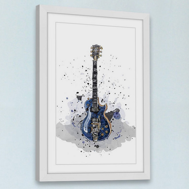 « guitare bleue sans texte » par marie réveillon pharand, reproduction d’art encadrée, H 18 po x l 12 po x P 1,5 po