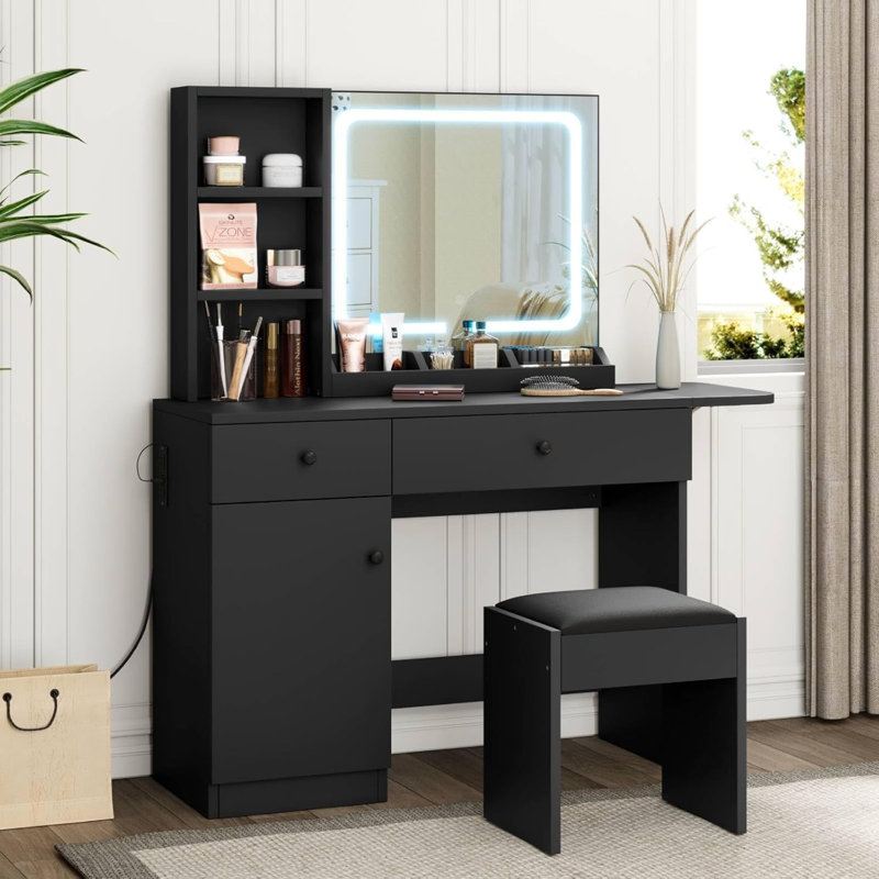 Ensemble de coiffeuse noire avec miroir et lumières, ensemble de table de maquillage avec chaise et tablettes de rangement pour la chambre à coucher