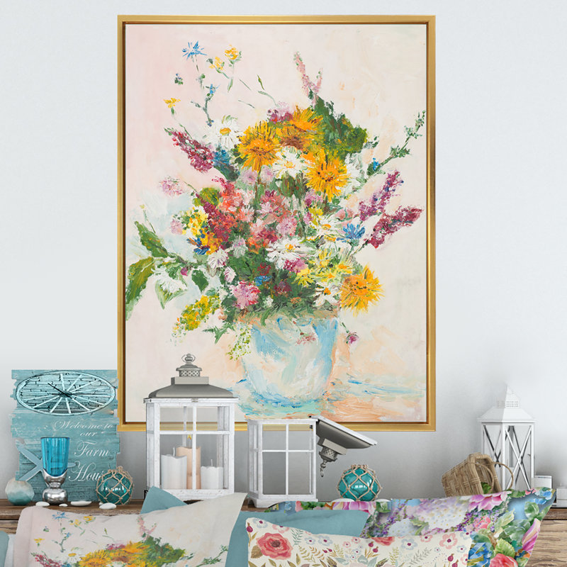 Bouquet Nature morte de fleurs sauvages - Art mural sur toile traditionnel, H 12 po x l 8 po x P 1 po, Cadre flottant doré