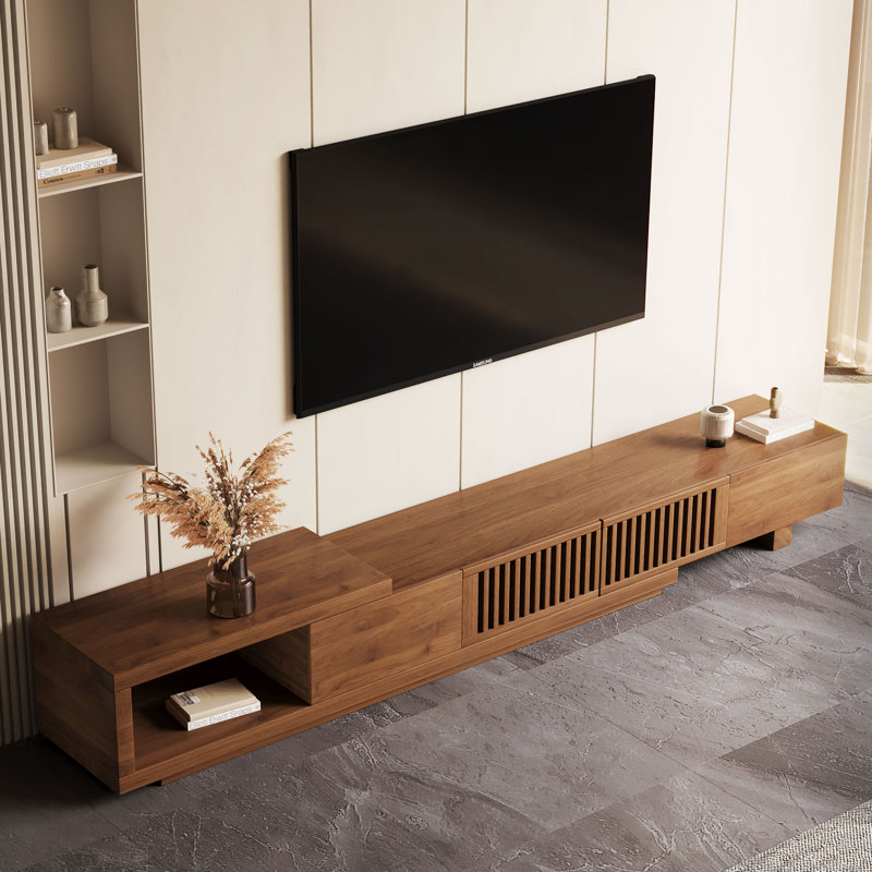 Expandable TV Stand Cabinet (2m-2.6m), Modern Slatted Walnut Finish, for 75-100 Inch TVs, Large Media Unit with Cable Ports & Ample Storage  for Living Room & Bedroom  