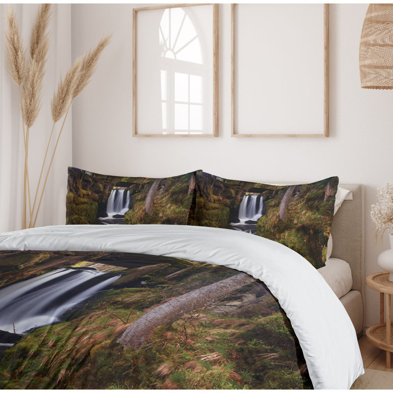 Green Forest Waterfall Queen Duvet Cover Set with Pillow Shams