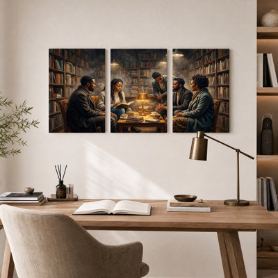 Group of People Reading in Library Set Of 3 Canvas Wall Art