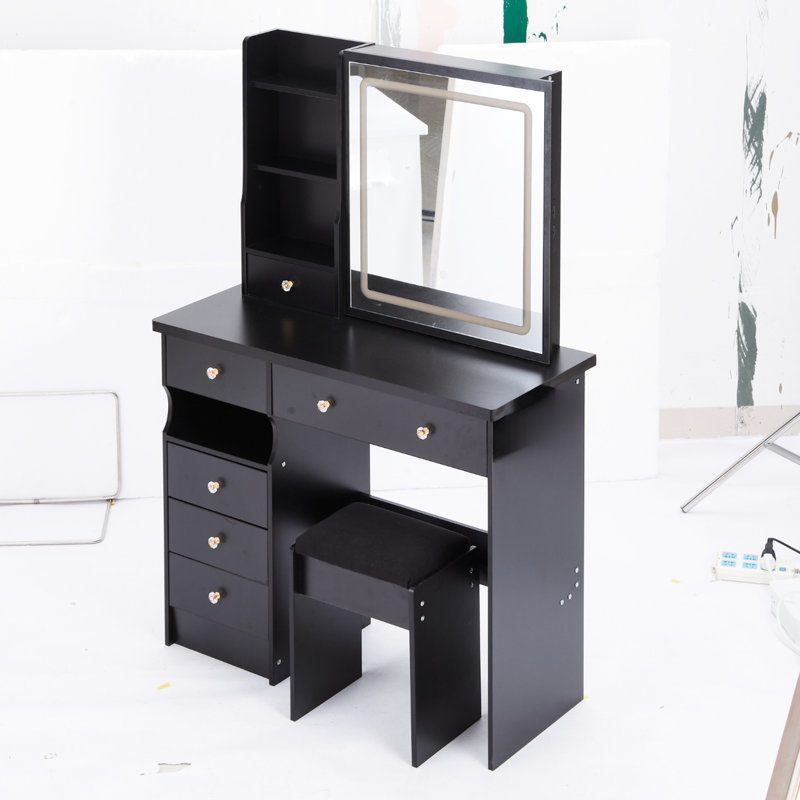 Table de meuble-lavabo de taille moyenne de 37 pouces avec tiroir de gauche, tabouret rembourré, miroir tactile tricolore réglable et grand espace de rangement pour les grands espaces