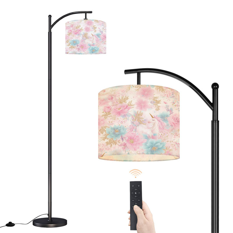 Lampe sur pied à arc avec abat-jour réglable Ailes pastel rose bleu floral pour enfants Lampe sur pied magique à 3 températures de couleur à intensité variable avec poteau pour la chambre