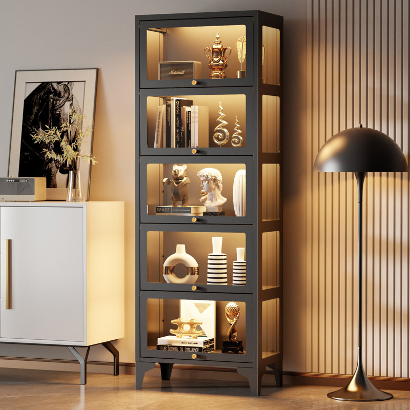 5-Tier Metal Display Cabinet with Lights Tempered Glass Curio Cabinet Showcase, Black