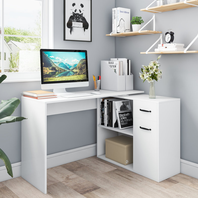 Selena L-Shaped Computer Desk With 4 Storage, White