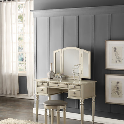 Bedroom Contemporary Vanity Set W Foldable Mirror Stool Drawers  Color