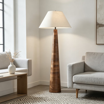 Lampe sur pied contemporaine en bois avec abat-jour rigide en tissu Danset, interrupteur à 3 voies, finition brun miel, hauteur 58 pouces pour le salon, la chambre à coucher et le bureau