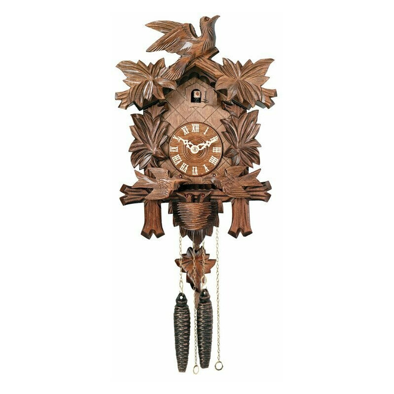  One Day Cuckoo Clock 13" H Carved Maple Leaves and Moving Birds, Brown