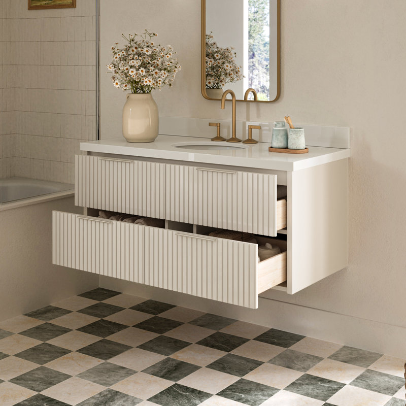 Meuble-lavabo mural simple 49 po avec comptoir en quartz blanc pur Mulloy 1,5 po Mulloy, Rectangulaire, Blanc chaud
