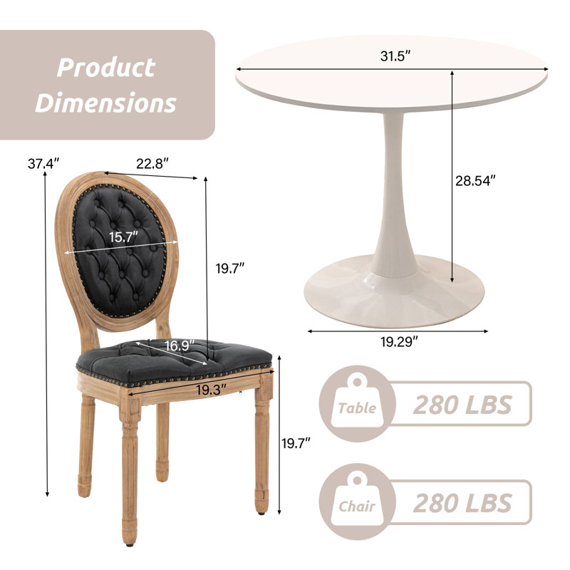 31.5" Tulip Round Dining Table And 2 Round-backed Dining Chairs Set, Black, White